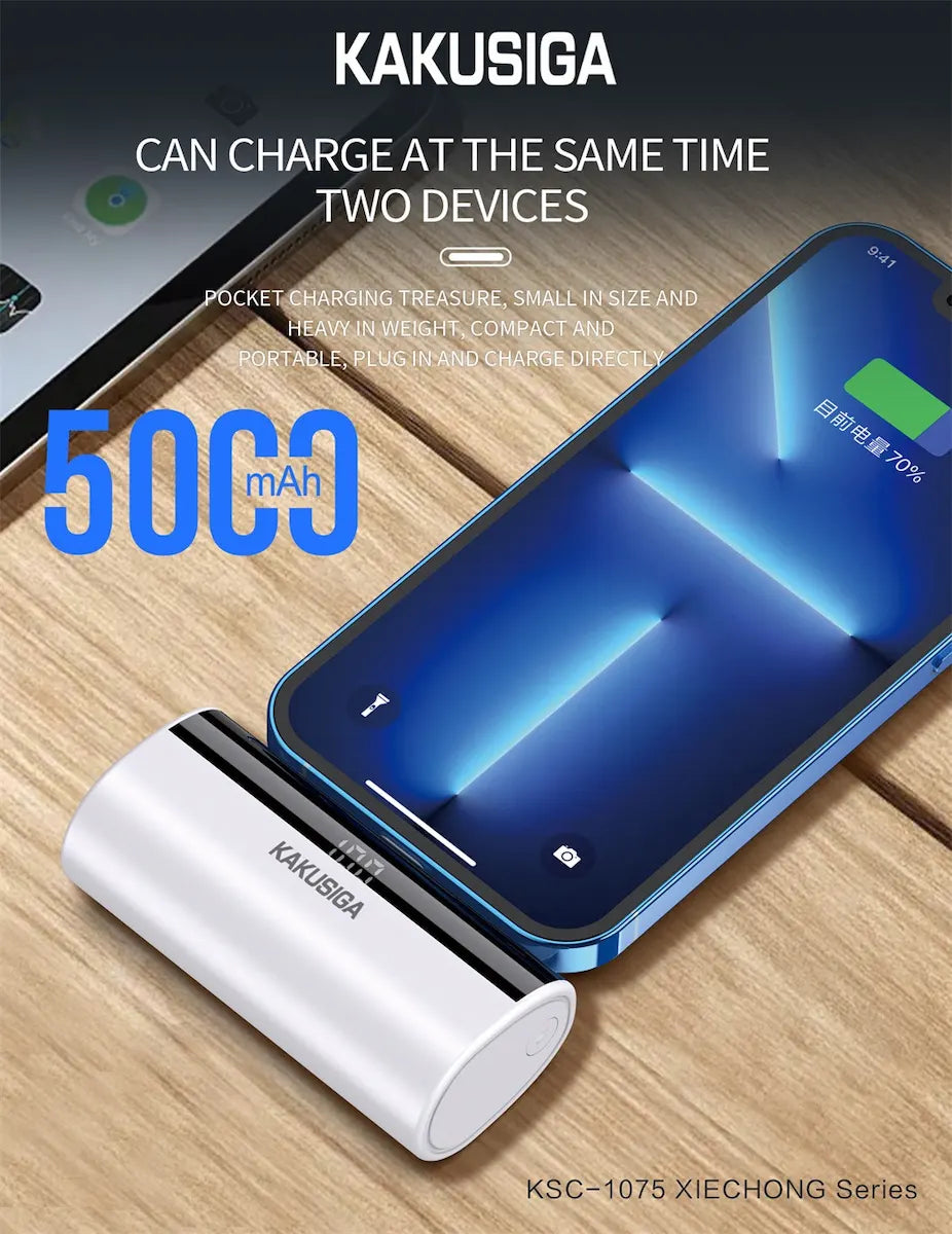 Mini Power Bank KAKU 5000mAh — Lightning Intégré, Zéro Câble