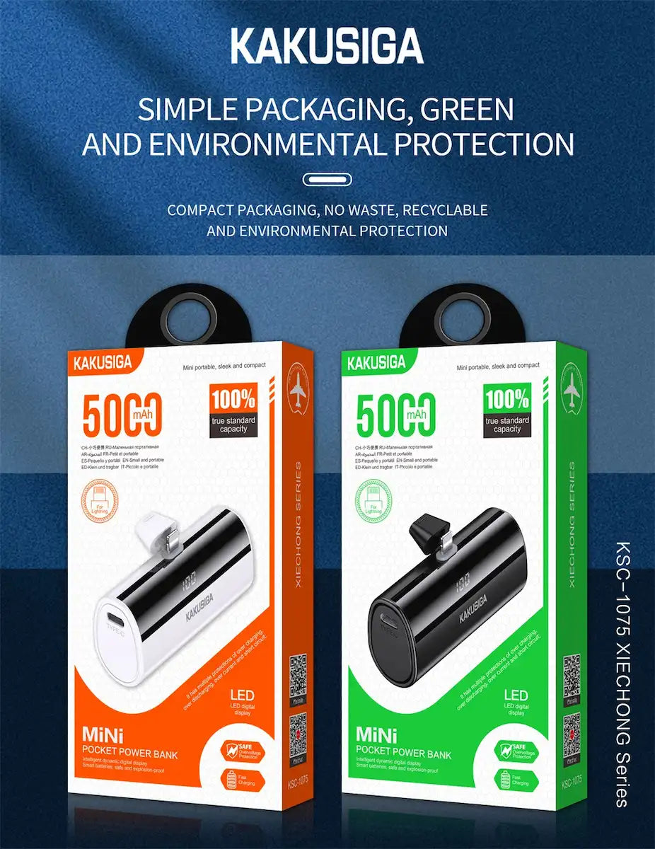 Mini Power Bank KAKU 5000mAh — Lightning Intégré, Zéro Câble
