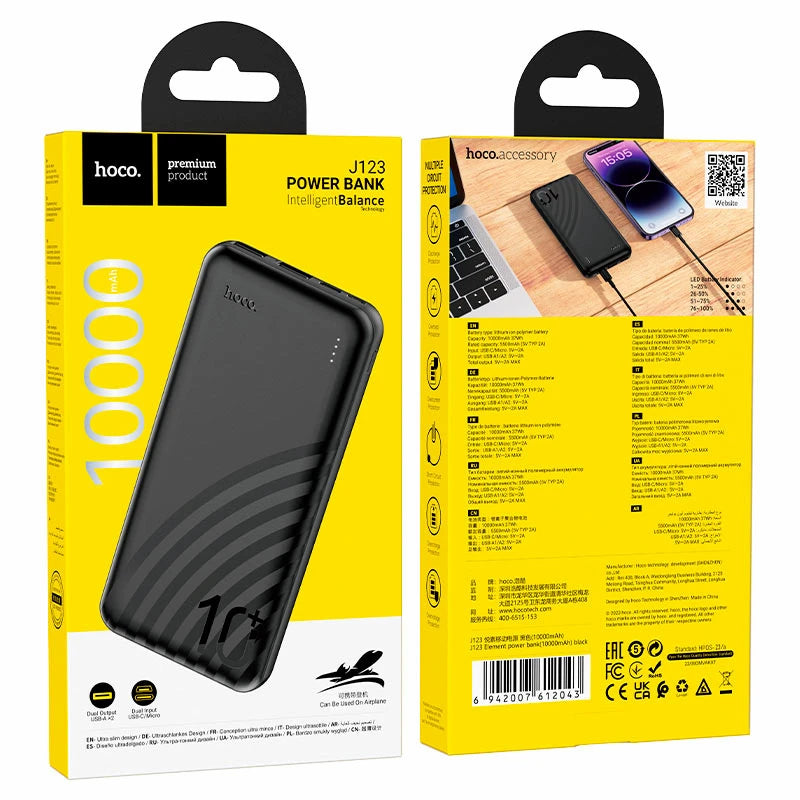 Power Bank Hoco J123 Element 10000mAh — Double USB, Ultra-Fin 16mm