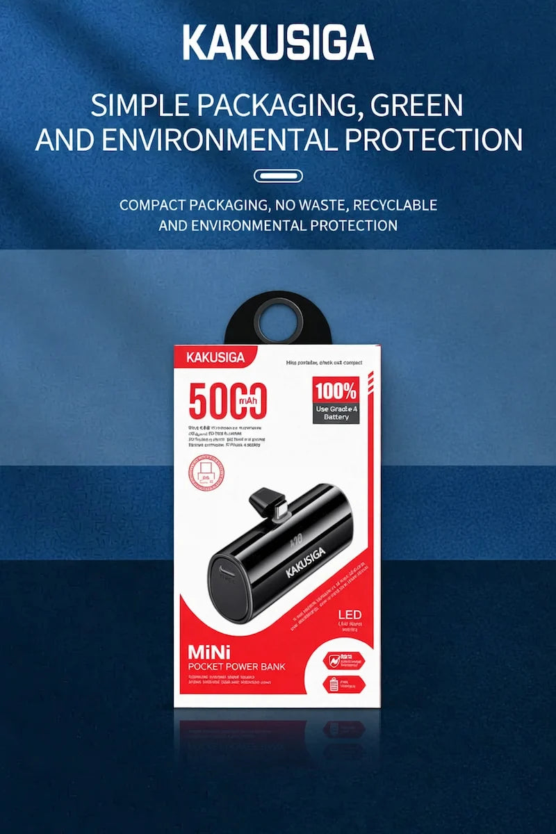 Mini Power Bank KAKU 5000mAh — USB-C Intégré, Universel & Zéro Câble